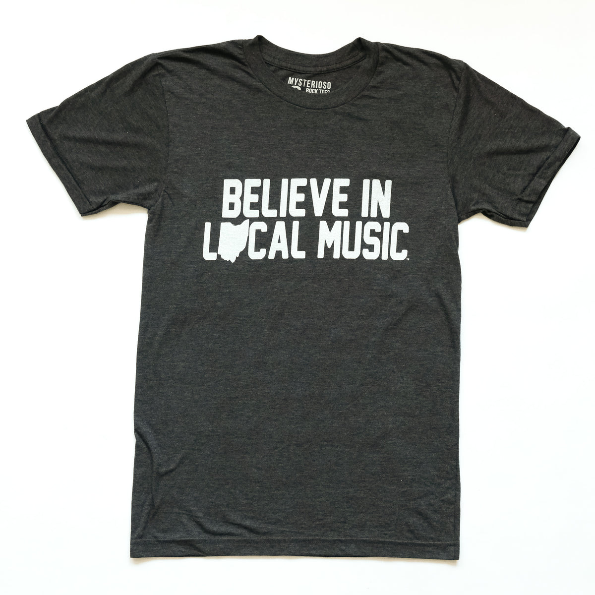 Believe In Local Music Mysterioso Rock Tee Heather Charcoal Screen Printed  T-Shirt