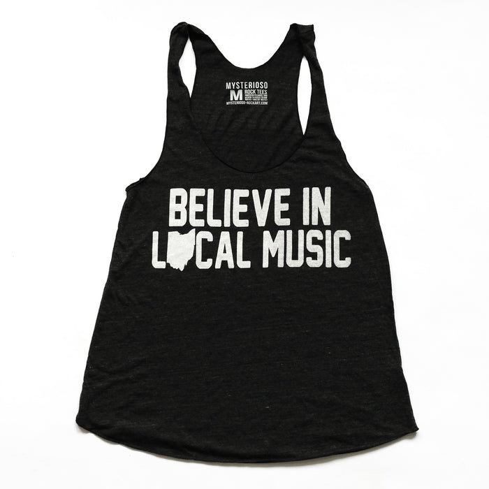 Believe In Local Music Black Racer Tank with white print flat lay on white background by Mysterioso Rock Art