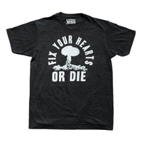 Fix Your Hearts Or Die White Screen Printed Atomic Blast on Black Tri-Blend Black Heather T-Shirt Mysterioso Rock Art