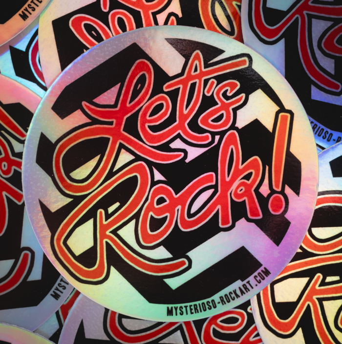 3" Round Holographic Sticker stylized with hand drawn "LET'S ROCK" in red script over a black and white Chevron Pattern ala Twin Peaks