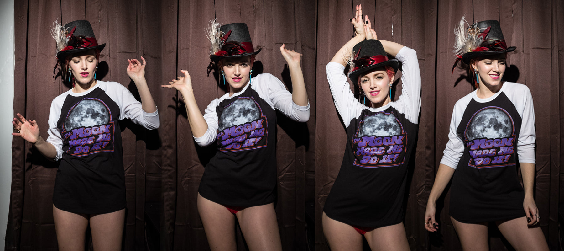 Moon Made Me Do It white, purple and red print on a Black with white 3/4 Sleeve Raglan T-Shirt as worn in a Polyptych composite photo of Bobbi Kitten Damn The Witch Siren Photos by Chip Willis