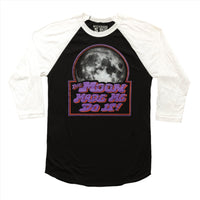 The Moon Made Me Do It Raglan - Mysterioso Rock Art The Moon Made Me Do It Raglan by Mysterioso Rock Art T-shirt White 3/4 Sleeves with Black Torso with White, Red, Purple screen print flat lay on a white background