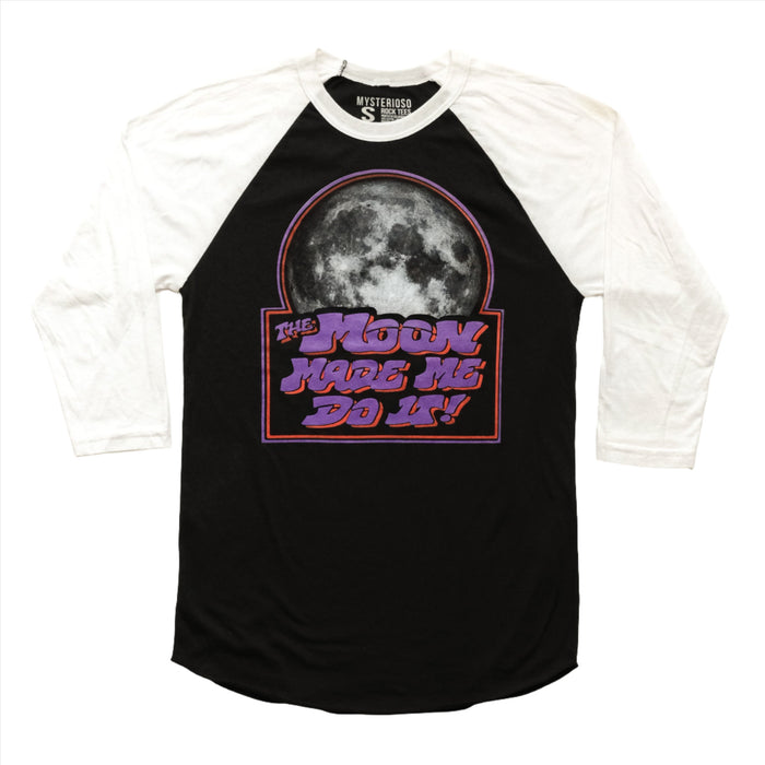 The Moon Made Me Do It Raglan - Mysterioso Rock Art The Moon Made Me Do It Raglan by Mysterioso Rock Art T-shirt White 3/4 Sleeves with Black Torso with White, Red, Purple screen print flat lay on a white background
