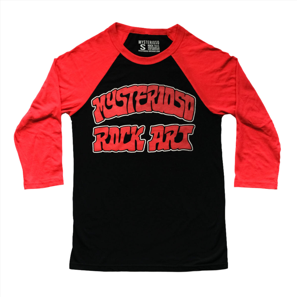 Mysterioso Rock Art Shop Raglan black with red 3/4 sleeve t-shirt with mysterioso rock art printed in red with white outline flat lay on a white background