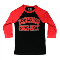 Mysterioso Rock Art Shop Raglan black with red 3/4 sleeve t-shirt with mysterioso rock art printed in red with white outline flat lay on a white background