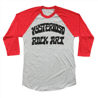Mysterioso Rock Art Shop Raglan Heather gray with red 3/4 sleeve t-shirt with mysterioso rock art printed in black flat lay on a white background