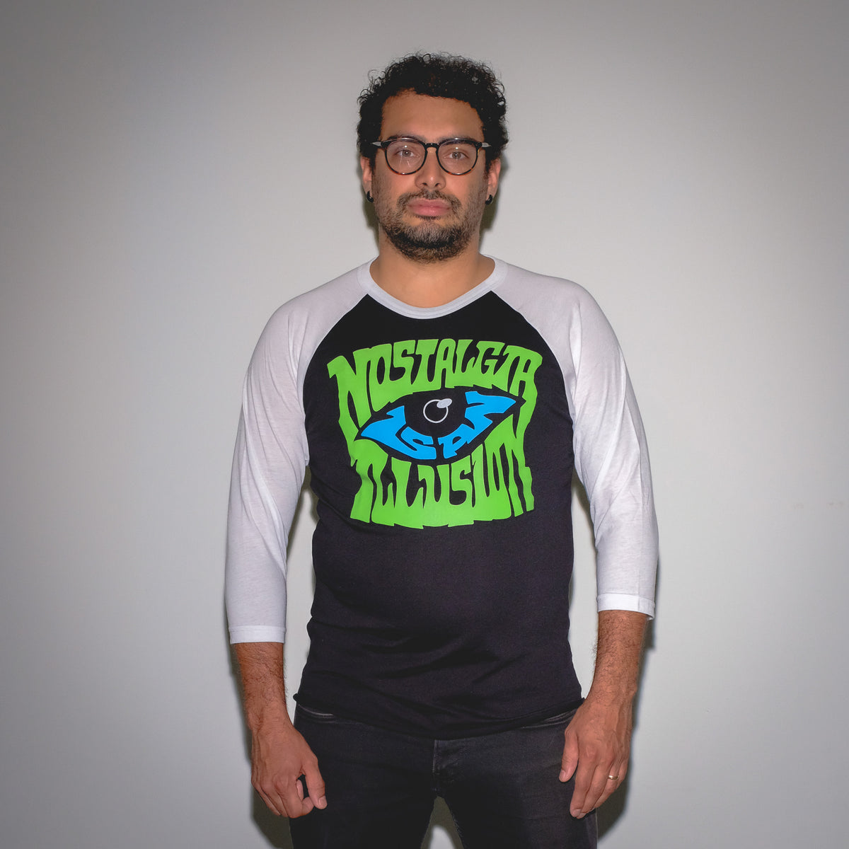 Nostalgia Is An Illusion Rock Black/White 3/4 Sleeve Raglan T-Shirt byMysterioso Rock Art Model Adam Hernandez Art
