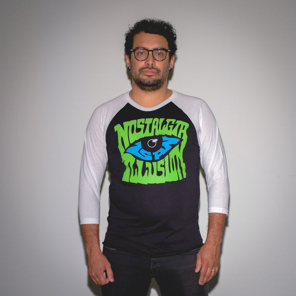 Nostalgia Is An Illusion Rock Black/White 3/4 Sleeve Raglan T-Shirt byMysterioso Rock Art Model Adam Hernandez Art