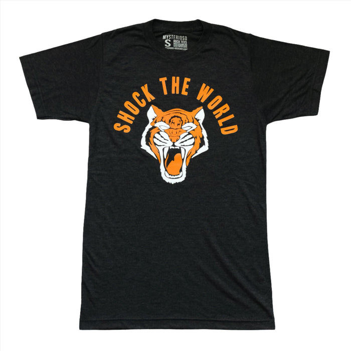Shock The World Rock Tee - Mysterioso Rock Art Black T-shirt with a Tiger and the words Shock The World arc above tiger two colors orange and brown