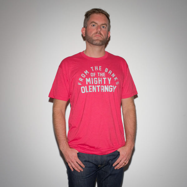 The Mighty Olentangy Rock Tee - Mysterioso Rock Art Olentangy River Red T-Shirt Grey Font