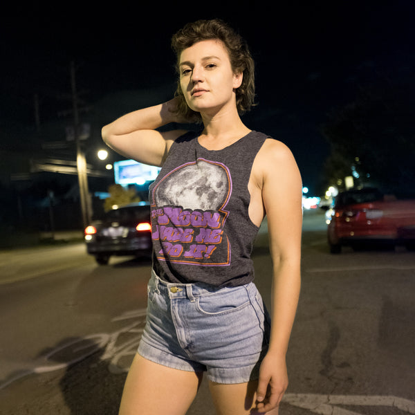 Women's The Moon Made Me Do It Tank - Mysterioso Rock Art Chip Willis Clintonville Hayley R Model Black Tank with Red, Purple, White Screen print