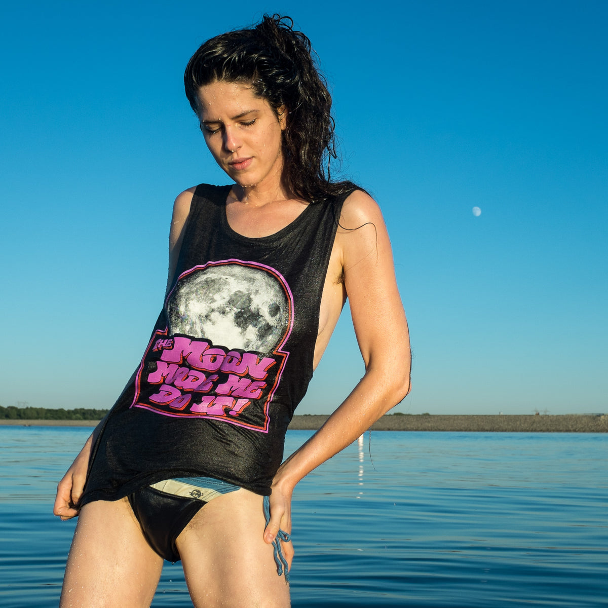 The Moon Made Me Do It Tank - Mysterioso Rock Art Chip Willis Kelsey Dylan Color Photograph on Lake under moon with model in black tank, white, red, purple screen print