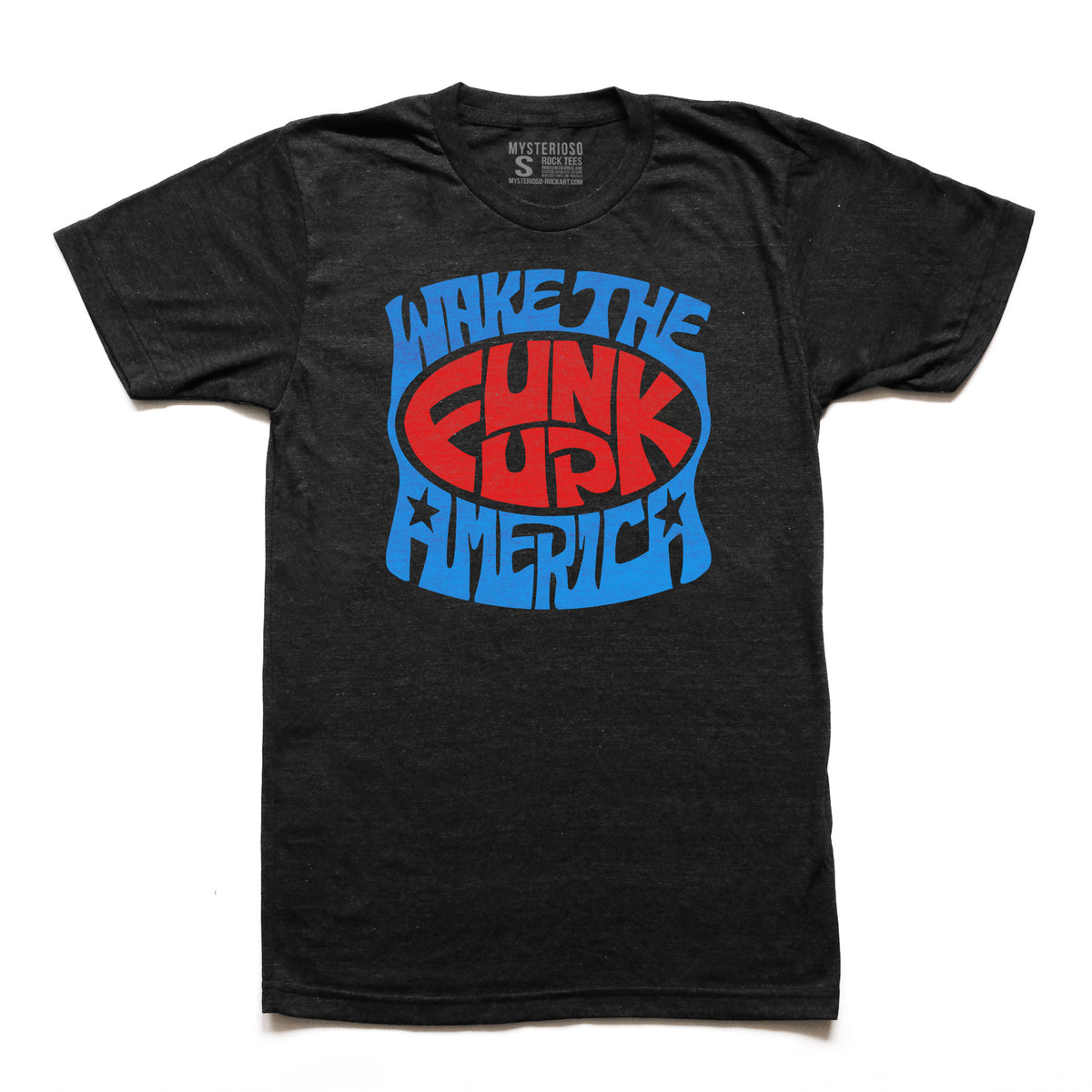 Wake The Funk Up, America Rock T-Shirt Mysterioso Rock Art Black T-shirt with blue outer ink, red inner ink