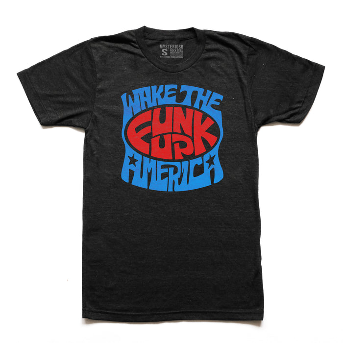 Wake The Funk Up, America Rock T-Shirt Mysterioso Rock Art Black T-shirt with blue outer ink, red inner ink