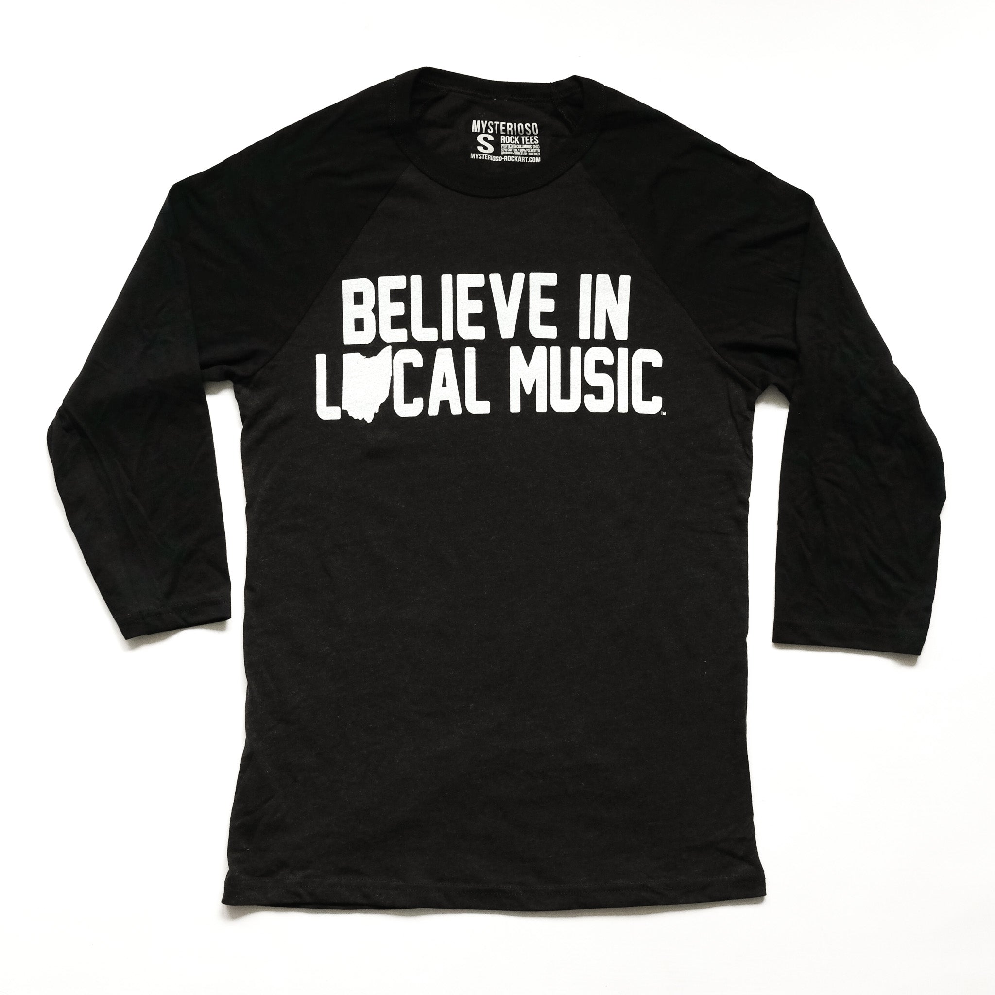 Believe In Local Music Raglan | Black / Black | Mysterioso Rock Art
